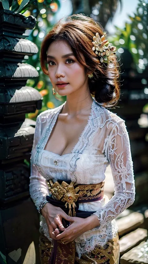 Balinese, Indonesian-belgium girl, 25 years old, updo hair, green cupper hair colour, fit body, big breast, cleavage, skintight purple lace kebaya, batik long skirt, masterpiece, highly detailed, ultra hd, 8k, detailed face, bright eyes, perfect eyes, deta...