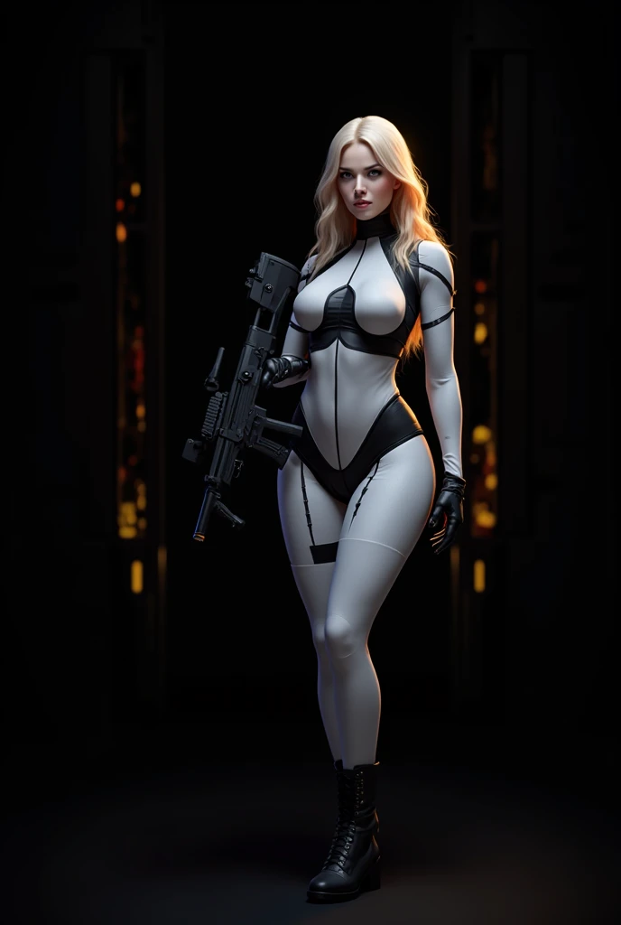 The image shows a woman with a serious expression, dressed in a tight black and white bodysuit. The suit fits your body, highlighting her curves. She is wearing black military style boots..
 
Woman in combat stance in a futuristic city with tall glowing bu...