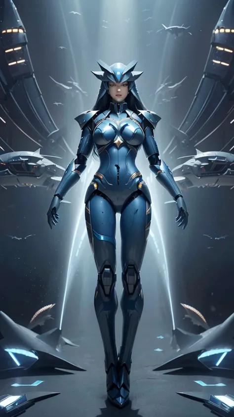 （masterpiece:1.3),(best quality:1.4),(actual:1a.4）,future city,blue mechanical shark,Forward a Japanese girl mecha warrior,long flowing hair,,Big breasts,Wearing blue shark design mecha suit,Special anchor,high detail, Very detailed, Ultra HD, 