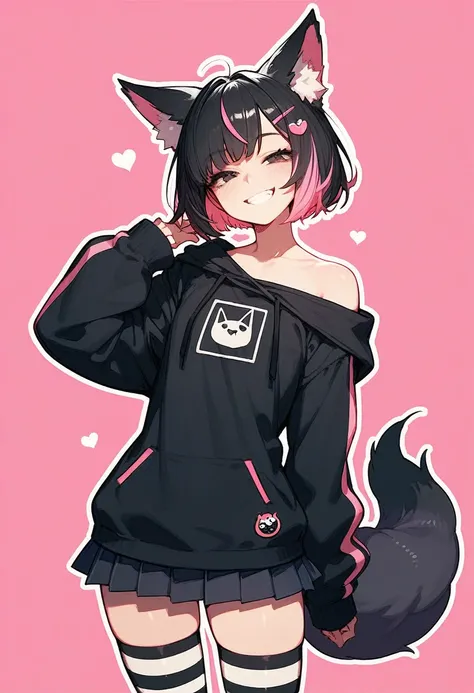 (score_9,score_8_up,score_7_up), (anime), cowboy shot, solo, 1girl, otoko no ko, (black hair) pink highlights, fox ears, black fox tail, pink highlights, black eyes, smile, half-closed eyes, grin, off-shoulder black hoodie, small chest, wide hips, black pl...