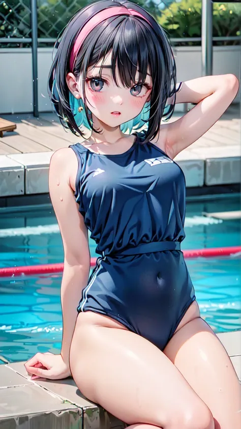 a girl, Alone, to break (blue eyes) to break, to break school swimsuit, (, Maiô Azul One Piece,) to break, to break black hair, short hair, fringe, to break hairband, hair ribbon, Blue hair band, bow to break, (Sarashina Ruka), sharp pupils, full face, (sm...