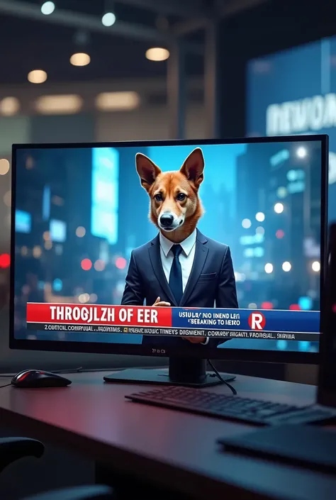 A news channel tv screen with breaking news, and a dog as a news anchor of R Tv, read the news in news room, 