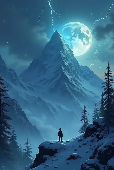 A boy standing over mountain and its dark its winter season and the smokes are coming the moon and stars are clear because the sun is above to draw the trees leaves are lighting blue and green colour. the boy is so far from the camera and the Lightning in ...