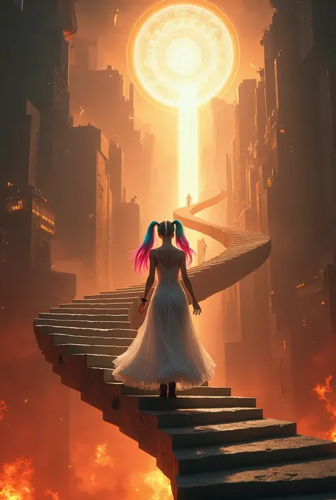 Cinematic image of Harley Quinn with colorful hair and a white angel dress, she is climbing a spiral staircase, she is leaving the futuristic city in hell on fire and they are climbing up to heaven.. And there are several people falling into the fire, abou...