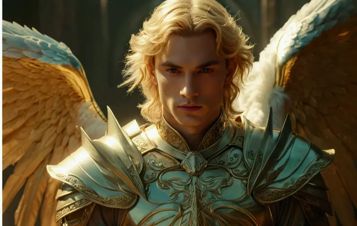 a close up of a person with a large golden angel, beautiful male elf, fantasy movie still, angelic golden armor, still from a fantasy movie, elegant cinematic fantasy art, beautiful androgynous prince, 4 k detail fantasy, romance fantasy movie, archangel, ...