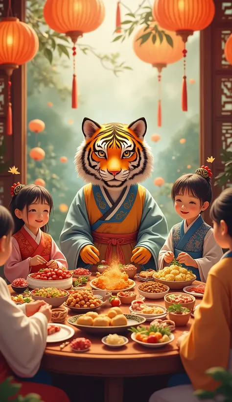 Korea Chuseok Festival, beautiful and colorful background, tiger head with human body, wearing hanbok, sitting around a table with family, a table with food offerings, including traditional dishes like rice cakes (songpyeon), fruits, and meats