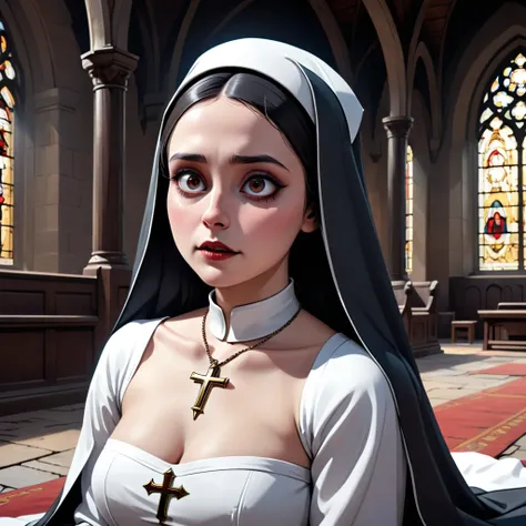 A topless nun, lying on the chancel, looks very enjoyable, horror style, looks depressing, high quality, ultra-detailed, crazy details, 4K
