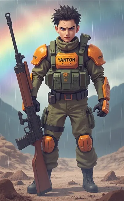 1 boy Solo, Blue eyes, Best Quality, Masterpiece, Short Hair, Anger Vein, Angry, 3D Isometric, Drop Shadow, 3D Rendering, standing on war field, name YANTOH on is body armour, And call of duty carrecter, rain drops, rainbow shine, and sun goes down, Name Y...