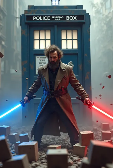 beat saber homme avec du ventre et une barbe pas trop long et cheveux milon boucler et décoiffé, découpe beaucoup de cube avec sabres bleu et rouge devent un TARDIS  blessé 3 verson diferent  passer présent future 