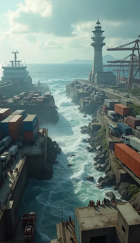 "A dramatic scene at Bakauheni Port during a powerful earthquake. The large ferry terminals shake violently, with metal structures bending and some collapsing into the water. Massive cracks split the concrete docks, and moored ships are tossed around in th...