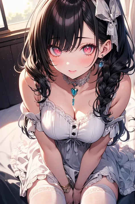 A beautiful girl sitting on a bed with a pink dress with white lace and white stockings, lolita dress, wearing lolita and white stockings, sitting on the bedside, big rounds breasts, dark brown hair, long bangs, hair intakes, long hair, ponytail, braid, wa...