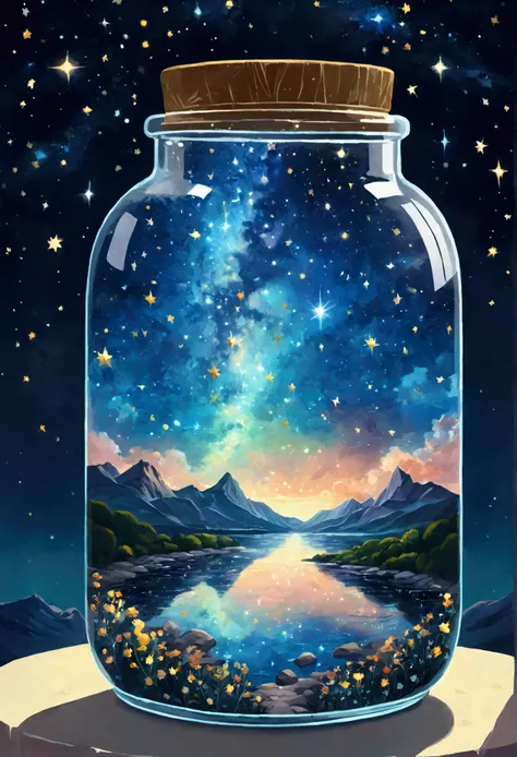 1pzsj1, Masterpiece，Top quality，(Very delicate and beautiful starry sky scenery trapped in a jar), world masterpiece theater, High resolution isometric, Top quality, illustration, Thick coating, canvas, painting, realism, Realism