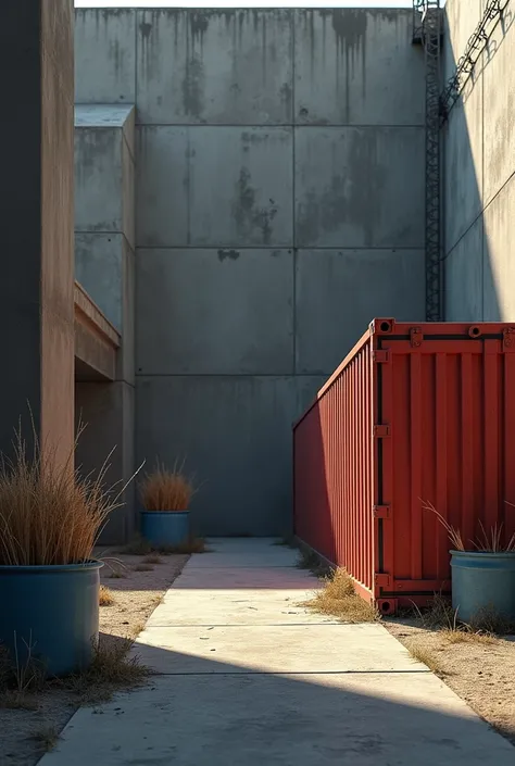 It is a stage in an open area, on the right there is a large red storage container, in front of which is a blue container of dry grass, in front of which you can see a wall with barbed wire.,  You can turn right, it is all stone walls. 