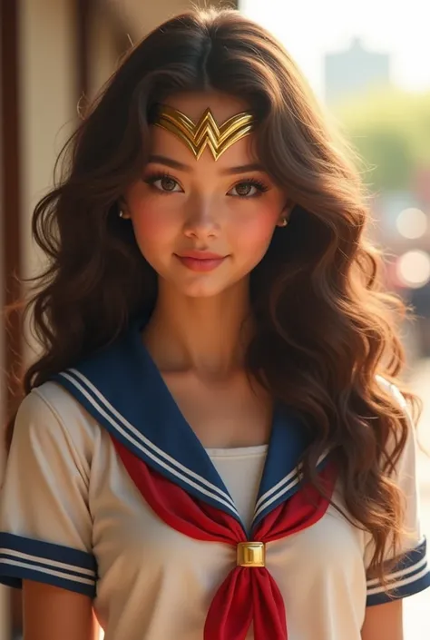 Wonder Woman in a Sailor Suit，high school student、masterpiece、beautiful girl、fine 目、Swollen eyes、smile、live-action､reality的、A Shining Place、Best Quality, 超High resolution, (reality: 1.4), Cinema Lighting,so beautiful、Curly Hair，Very cute face。Japanese ､Bea...