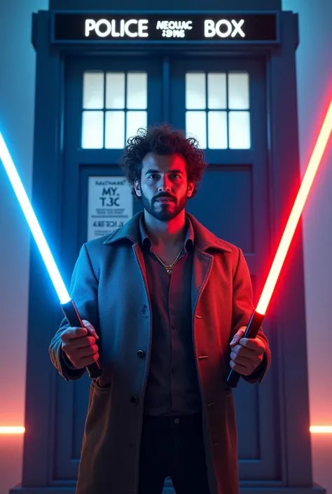 beat saber 3 verson diferent  passer présent future  homme avec du ventre et une barbe pas trop long et cheveux milon boucler et décoiffé, découpe beaucoup de cube avec sabres bleu et rouge devent un TARDIS  blessé  