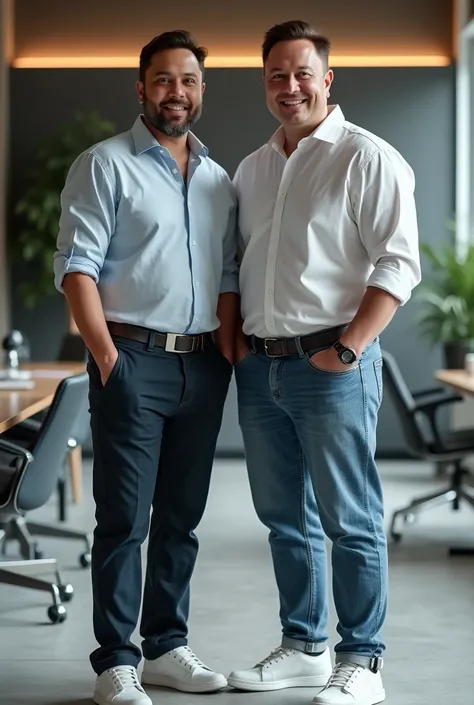 An Indian little bit chubby 28 year old man standing with Elon musk in a corporate office wearing casual outfit like jeans, shirt and sports shoes and posing for photoshoot 