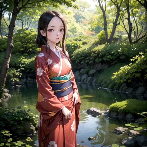 Takagi3 wearing a traditional japanese kimono with an obi sash, standing in a lush natural landscape, detailed realistic facial features, glowing skin, cinematic dramatic lighting, masterpiece, 8k, high resolution, best quality, ultra-detailed, photorealis...