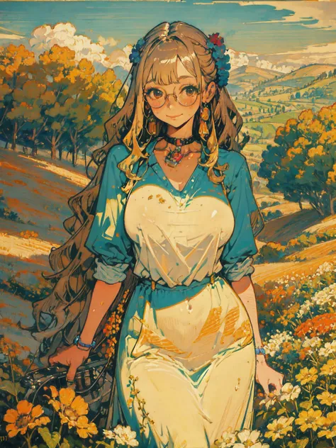 Detailed Background, Beautiful landscape painting, (sunflower:0.6), (masterpiece, Best Quality), Vibrant colors, colorful, Amazing details, Anatomically correct, (perfect anatomy:1.2), Flat Shading, (Long Wavy Hair), (40YO), Perfect Style, huge breasts, 1 ...