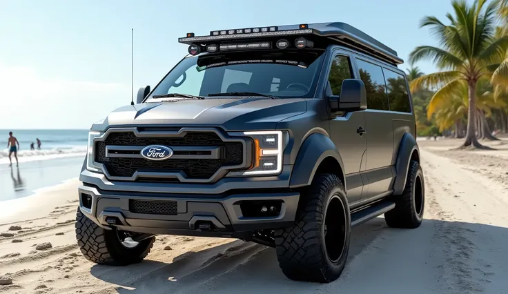 Un van Ford F150 raptor, gris mât, hybride entre un Duster 2024 4x4 et un Ford Transit Custom sport. Grosse calandre, par buffle et rampe de phares, Futuriste, sportif, equipé vanlife, sur la plage de floride. Surfeurs et palmiers en arriere plan. Image ul...