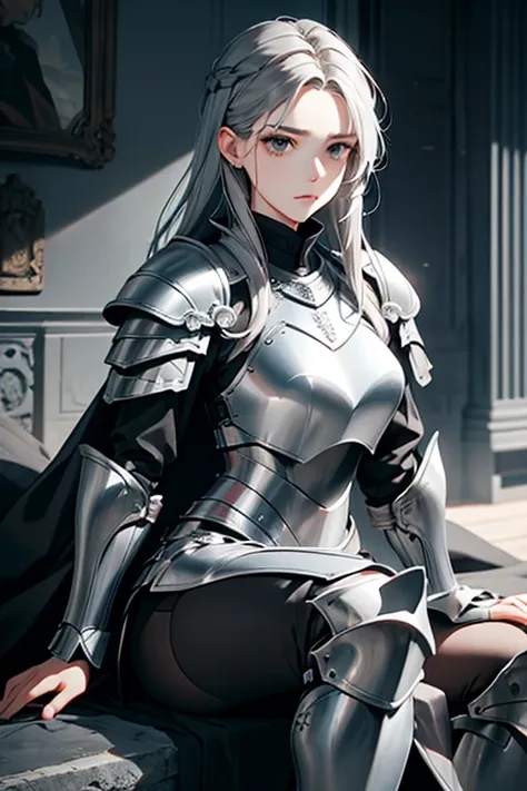 knee shot,female, gray hair, gray eyes, medium-length hair, pull plate armor, 170 cm, a quiet woman, expressionless, chic, tough...