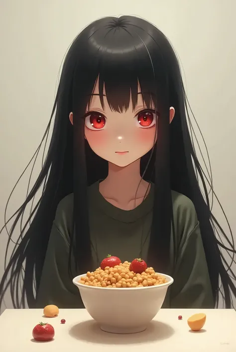 One girl, Black Hair, Red eyes, Food,smile, Simple Background, Shortcuts, 