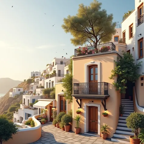 A photorealistic picture of cute Santorini small long narrow apartments and narrow streets between them springing from the ground on a very high semi-dry hill. At the intersection of the street, antique facade which has a stunning antique entry door with t...