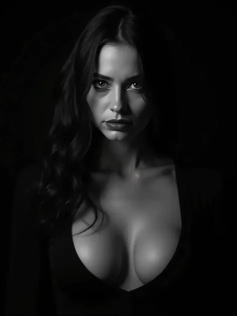 Intense contrast low key black and white.Light sculpting photography of a gorgeous woman face emerging from the shadows with intense eyes and epic cleavage.leaning forward. Smirking, subtle smile.playing game of love. Pale white skin.