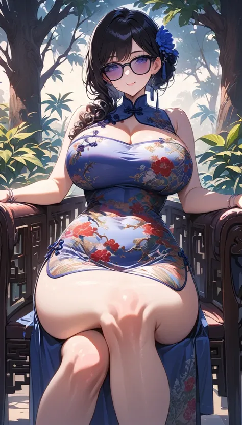 Wearing Chinese cheongsam,High-end fashion,Magazine Model,Fine details, Big colorful tattoo，Long spiral curls，Hair is soaked，sunglasses，Close-up of the camera lens，Chest hollow laser engraving decoration，Under the Banyan Tree，Side close-up，Huge Breasts，Aes...