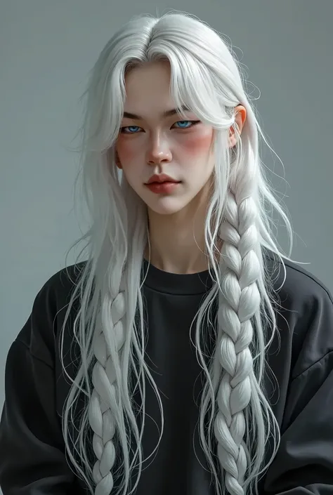 Jimin de long hair white, with braids along the length of the hair and loose bangs, Man wearing a loose black sweatshirt on his body. Background Gray. 