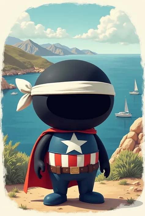 Émoticone  rond noir bandeau blanc sur la tête habillé en captain america  ecrit sur son costume captain corse la corse en arrière plan 