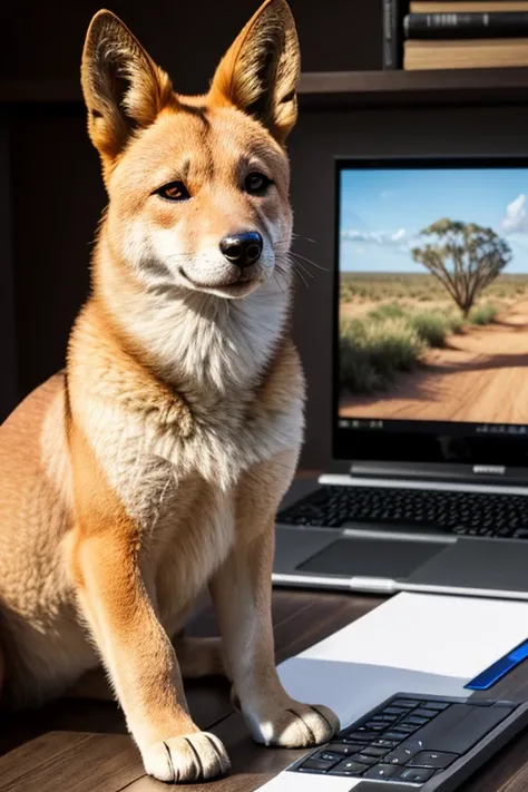 a dingo, typing on a computer, australian outback, photorealistic, detailed dingo face, extremely detailed dingo fur, realistic computer, detailed desk and office supplies, cinematic lighting, warm color tones, dramatic shadows, award winning photography, ...