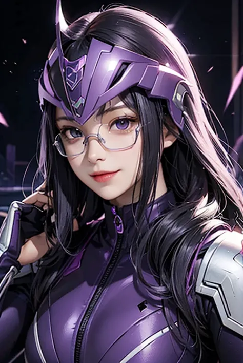 A woman smile, dark purple ranger suit, as she power rangers purple dark, villain, helmet mask, long hair, high detailed, realistic, gloves, ultra realistic, ((full face helmet)), glasses on eyes