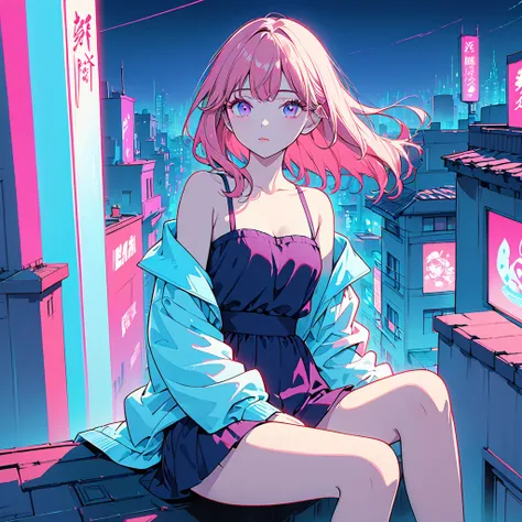 masterpiece,Best Quality,1 Synthwave style girl,Blue outline,Neon lit street,Blue fluorescent paint,Alone,the above,Cowboy Shot,Sitting on the roof of a building,Extremely detailed CG,Flat Color,Limited edition palette,No Line Art,silhouette,Partially colo...