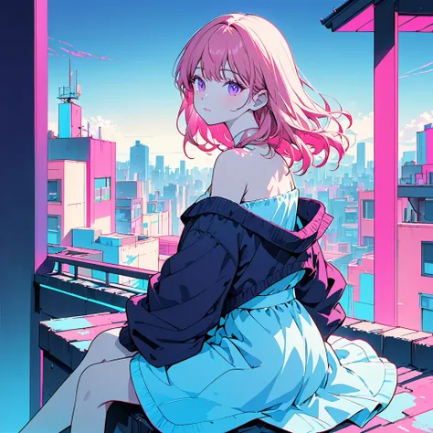 masterpiece,Best Quality,1 Synthwave style girl,Blue outline,Neon lit street,Blue fluorescent paint,Alone,the above,Cowboy Shot,Sitting on the roof of a building,Extremely detailed CG,Flat Color,Limited edition palette,No Line Art,silhouette,Partially colo...