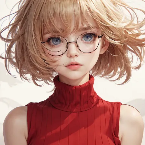 blonde hair, serious look, glassesBig breasts, blue eyes, closed mouth, 