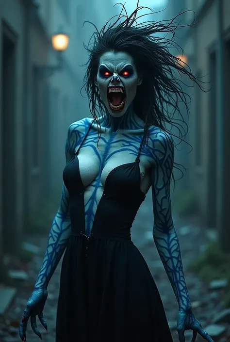 carnivorous beautiful scary female vampire, (her teeeth are like sharks:1.5), A nightmarish, terrifying face, Long, sharp claws, glowing eyes, (blue veins are visible through the skin all over the body and face:1.6), full body , really messy dry hair,