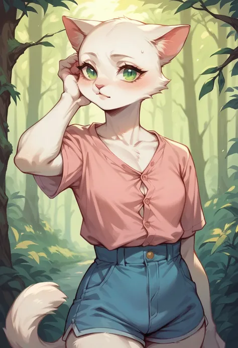 1 woman, White furry cat woman, milf, green eyes, small breast, bald head, small woman, pink button shirt, blue shorts, walk in forest