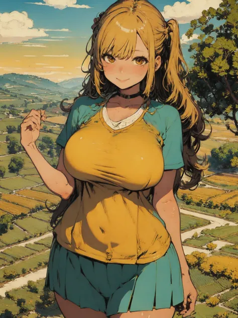 Detailed Background, Beautiful landscape painting, (sunflower:0.6), (masterpiece, Best Quality), Vibrant colors, colorful, Amazing details, Anatomically correct, (perfect anatomy:1.2), Flat Shading, (Long Wavy Hair), (40YO), Perfect Style, huge breasts, 1 ...