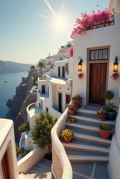 A photorealistic picture of cute Santorini small long narrow apartments and narrow streets between them springing from the ground on a very high semi-dry hill. At the intersection of the street, antique facade which has a stunning antique entry door with t...