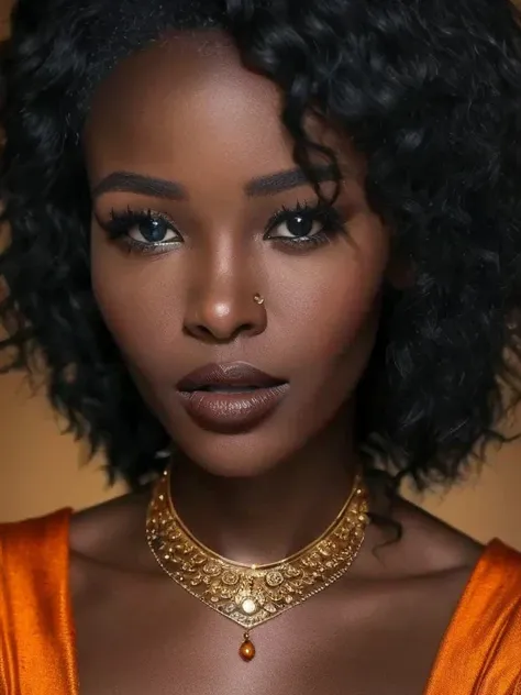 beautiful african woman in the image of the african goddess iansa, dressed in orange. beautiful gold jewelry, very dark skin,