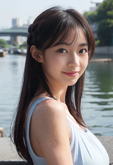 Sensual Mizuhara, smiling, sleeveless red top, hentai, sexy, long black hair, blue eyes, small wet white body, glassess