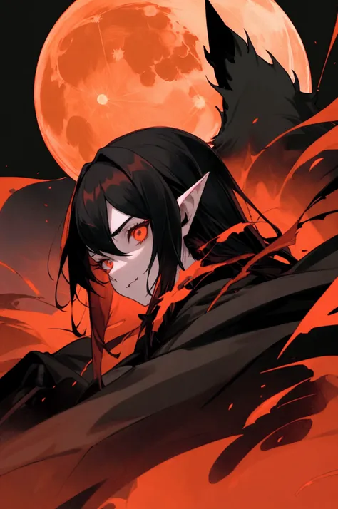 "Portrait of Luci Pendragon, a young warrior with black hair and pointy ears, wearing a dark cloak that mixes with blasts of red and black energy. At her side, a large figure of a black wolf with red eyes accompanies her protectively, with his fangs bared....