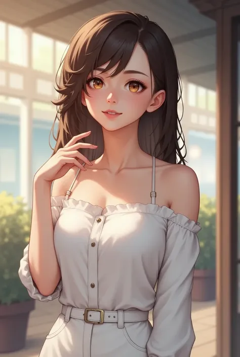 psanime, perfect body, cowboy shot of a beautiful asian woman wearing a white off shoulder shirt and white skirt standing outsid...