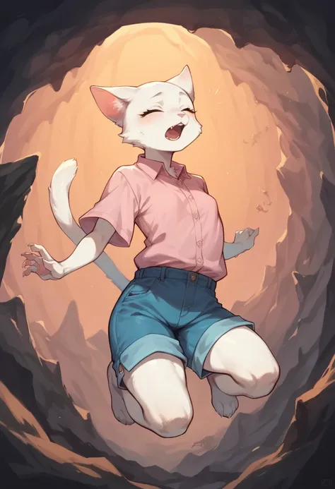 1 woman, White furry cat woman, milf, green eyes, small breast, bald head, pink button shirt, blue shorts, falling in hole, in cave, closed eyes, Open mouth