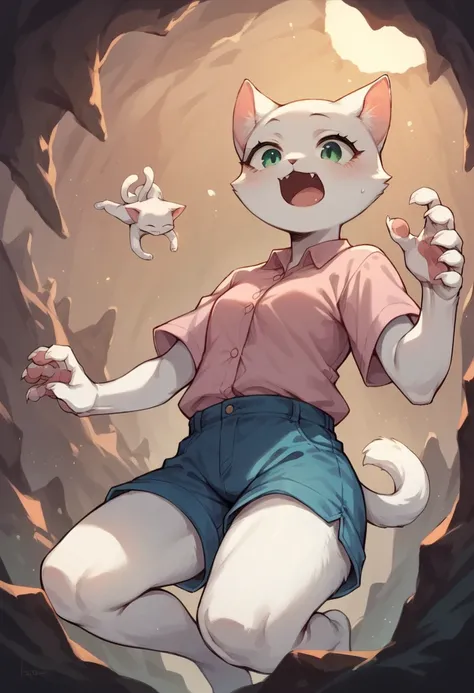 1 woman, White furry cat woman, milf, green eyes, small breast, bald head, pink button shirt, blue shorts, falling in hole, in cave, closed eyes, Open mouth