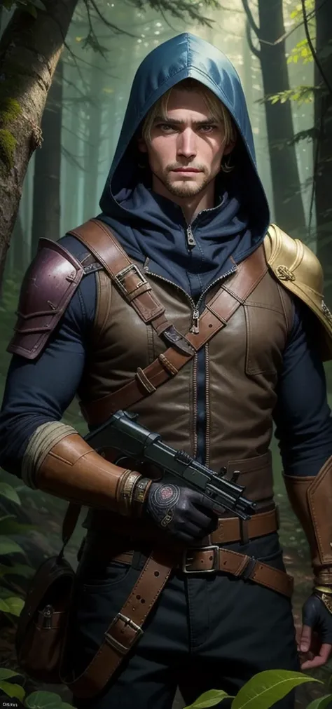 ((best quality)), ((masterpiece)), (detailed), 34k, there is a man in a hooded jacket holding a guns, drow ranger, clothed in stealth armor, in forest, UHD.