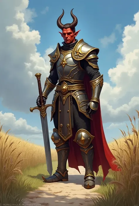 In RPG style, in style of Dungeons & Dragons, in style of fantasy painting. Full body view, looking at the viewer. image of a  male tiefling paladin knight with sword, armor  with gold elements. Short hairstyle. Reddish skin. Small horns.The sky is blue wi...