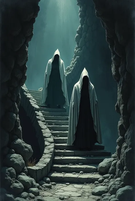 1970s dark fantasy paper art dungeons and dragons style drawing of two evil acolytes wearing white pointed hooded robes walking down an ancient dilapidated narrow spiral stair in an extremely dark cavern, their faces hidden in the shadow of their hoods, ex...