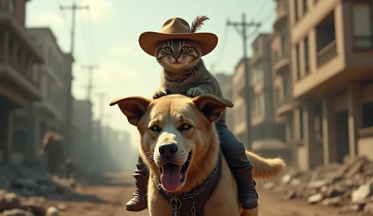 cat with cowboy hat is riding on the back of a big dog in the middle of zombie apocalypse 