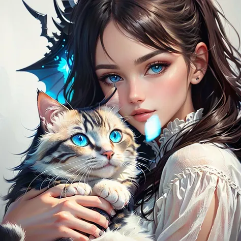 close up of a girl,  holding a cat with blue eyes , Charming digital painting,  realistic cute portrait of a woman ,  very pretty Cute cat girl , realistic digital art 4k, realistic digital art 4k, cute digital art, realistic painting style, beautiful youn...